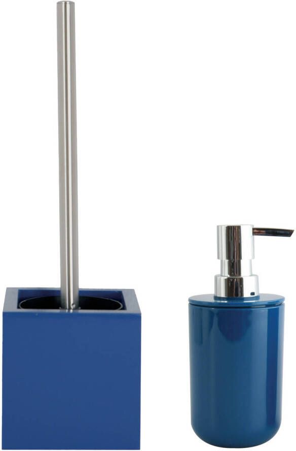 Spirella MSV Toiletborstel in houder 37 cm zeeppompje set Moods mdf hout kunststof blauw Badkameraccessoireset