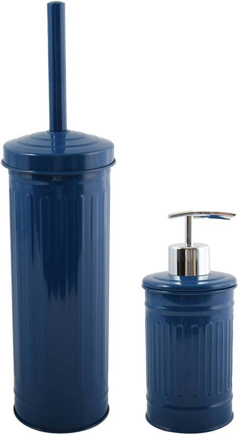 Spirella MSV Toiletborstel in houder 38 cm zeeppompje set Industrial metaal blauw Badkameraccessoireset