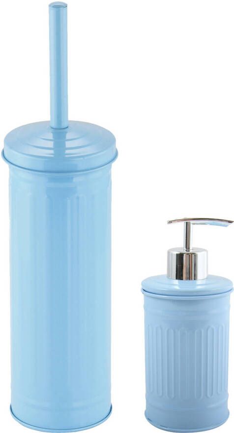 Spirella MSV Toiletborstel in houder 38 cm zeeppompje set Industrial metaal lichtblauw Badkameraccessoireset