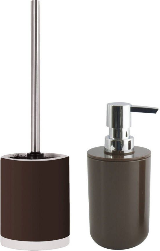 Spirella MSV Toiletborstel in houder 38 cm zeeppompje set Moods keramiek kunststof kastanje bruin Badkameraccessoireset