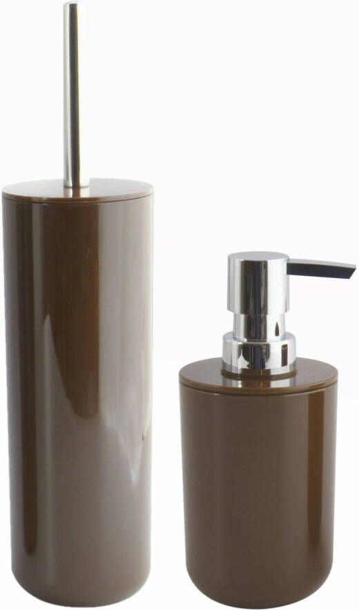 Spirella MSV Toiletborstel in houder 38 cm zeeppompje set Moods kunststof kastanje bruin Badkameraccessoireset