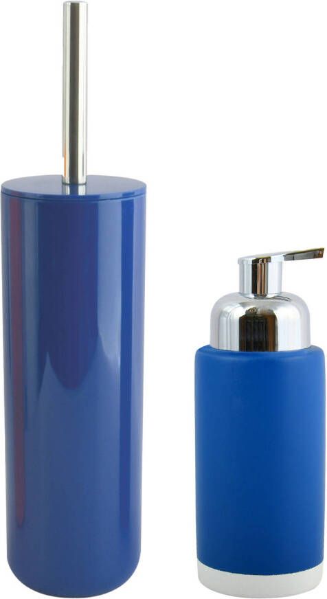 Spirella MSV Toiletborstel in houder 38 cm zeeppompje set Moods kunststof keramiek blauw Badkameraccessoireset
