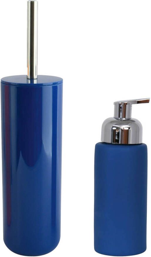 Spirella MSV Toiletborstel in houder 38 cm zeeppompje set Moods kunststof keramiek blauw Badkameraccessoireset