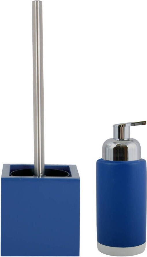Spirella MSV Toiletborstel in houder 38 cm zeeppompje set Moods mdf hout keramiek blauw Badkameraccessoireset