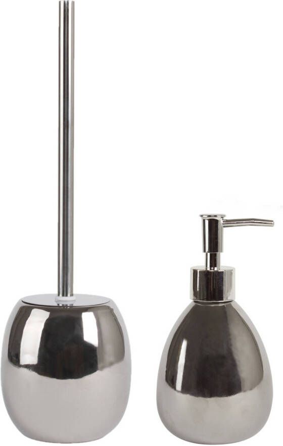 Spirella MSV Toiletborstel in houder 39 cm zeeppompje set Kymi Polyresin rvs zilver Badkameraccessoireset