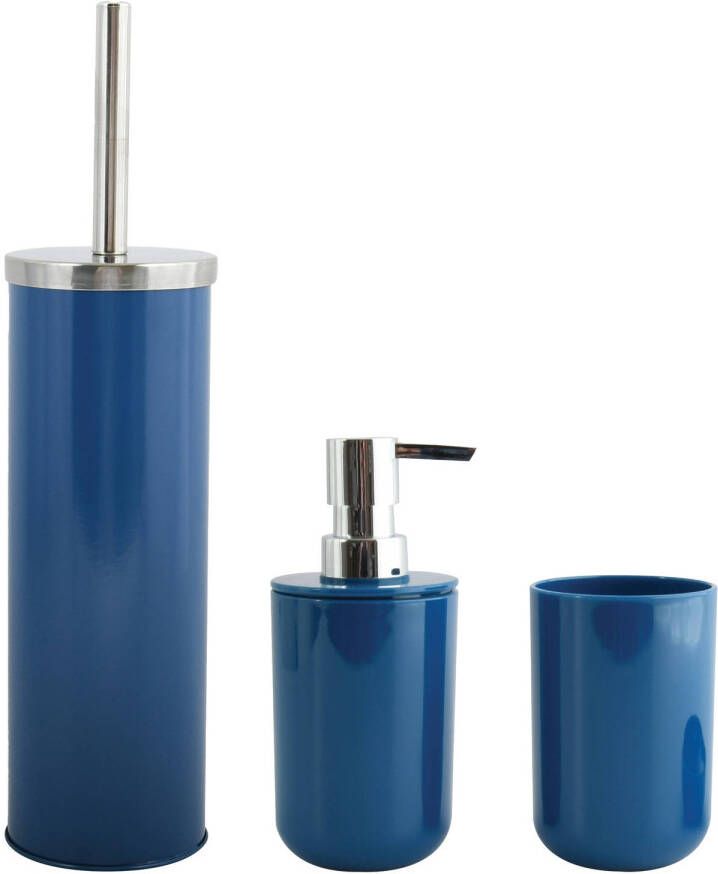 Spirella MSV Toiletborstel in houder beker zeeppompje badkamer set Moods metaal kunststof donkerblauw Badkameraccessoireset