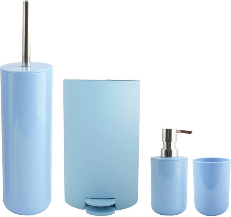 Spirella MSV Toiletborstel in houder beker zeeppompje pedaalemmer set Moods kunststof lichtblauw Badkameraccessoireset