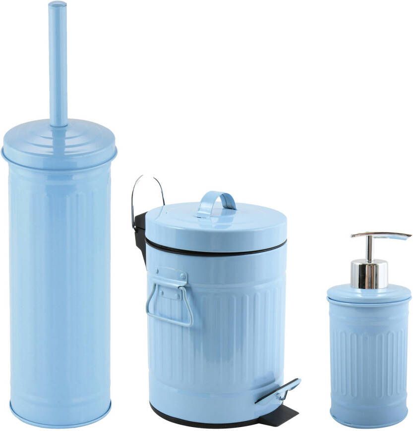 Spirella MSV Toiletborstel in houder zeeppompje pedaalemmer set Industrial metaal lichtblauw Badkameraccessoireset