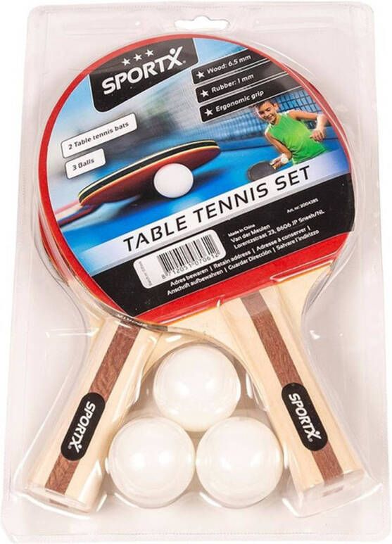 SportX 2x Tafeltennis batjes sport set met 3 ballen Ping Pong spelen op kantoor of thuis