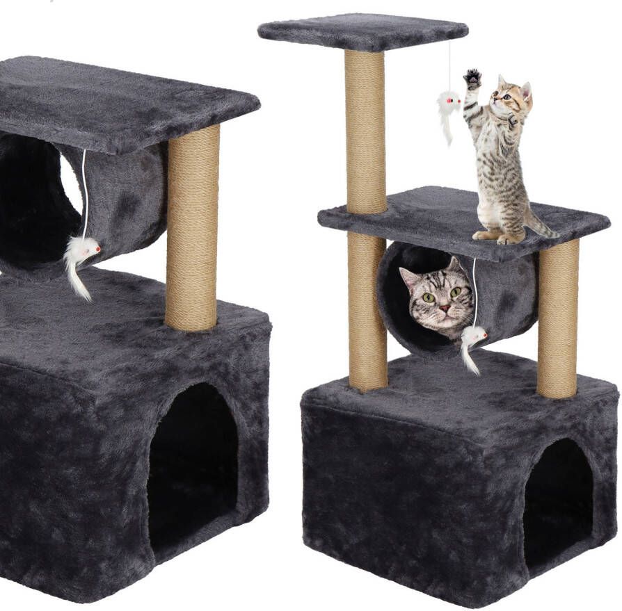 Springos Krabpaal 3 Etages Voor Katten Toren Meubelbescherming 31 x 31 x 62 cm Grijs Beige