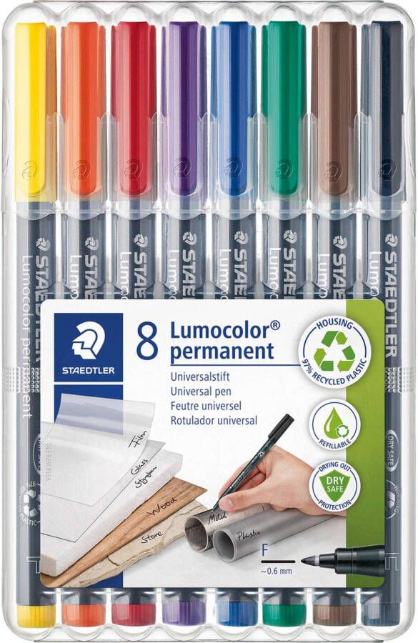 Staedtler Lumocoler 318 OHP-marker permanent 0 6 mm etui van 8 stuks in geassorteerde kleuren 10 stuks