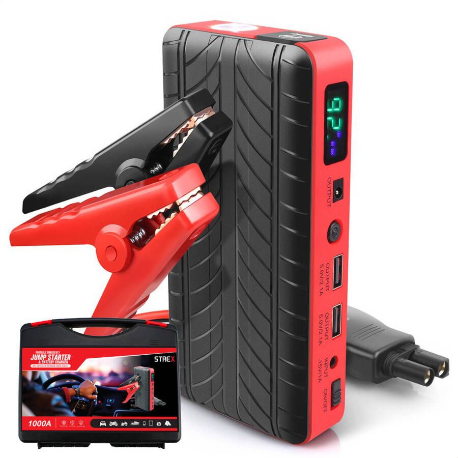 Strex 12V Jumpstarter voor Auto 1000A 18.000 mAh 4-in-1 Starthulp met Powerbank LED Zaklamp en SOS Noodlicht In