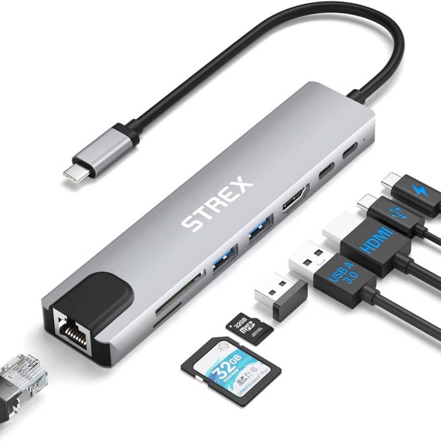 Strex 8 in 1 USB C Hub Docking Station USB Splitter 4K HDMI USB A USB C Ethernet Micro SD Geschikt voor