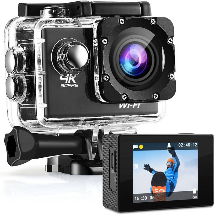 Strex Action Camera 4K 16MP 60FPS 30M Waterdicht WiFi Inclusief Accessoires Actiecamera Onderwatercamera