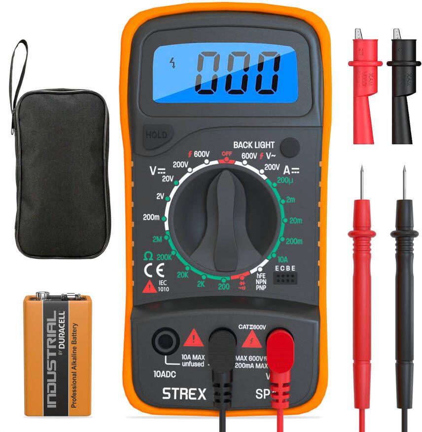 Strex Digitale Multimeter AC DC Incl. 9V Duracell Batterij Klemtangen & Opberghoes Multi Meter