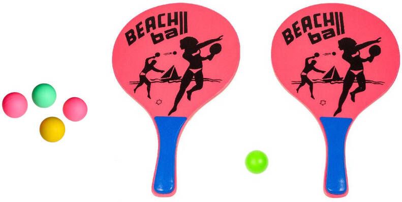 Summertime strand Beachball set hout fuchsia strand sport speelset met 5x balletjes Beachballsets