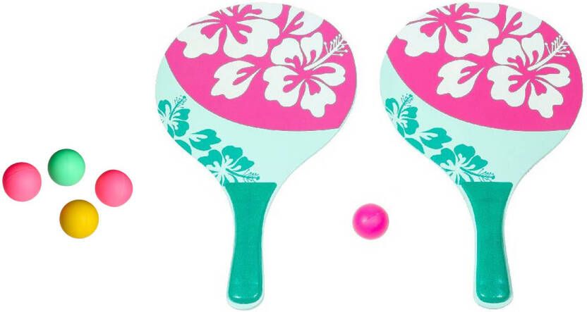 Summertime strand Beachball set hout roze strand sport speelset met 5x balletjes Beachballsets