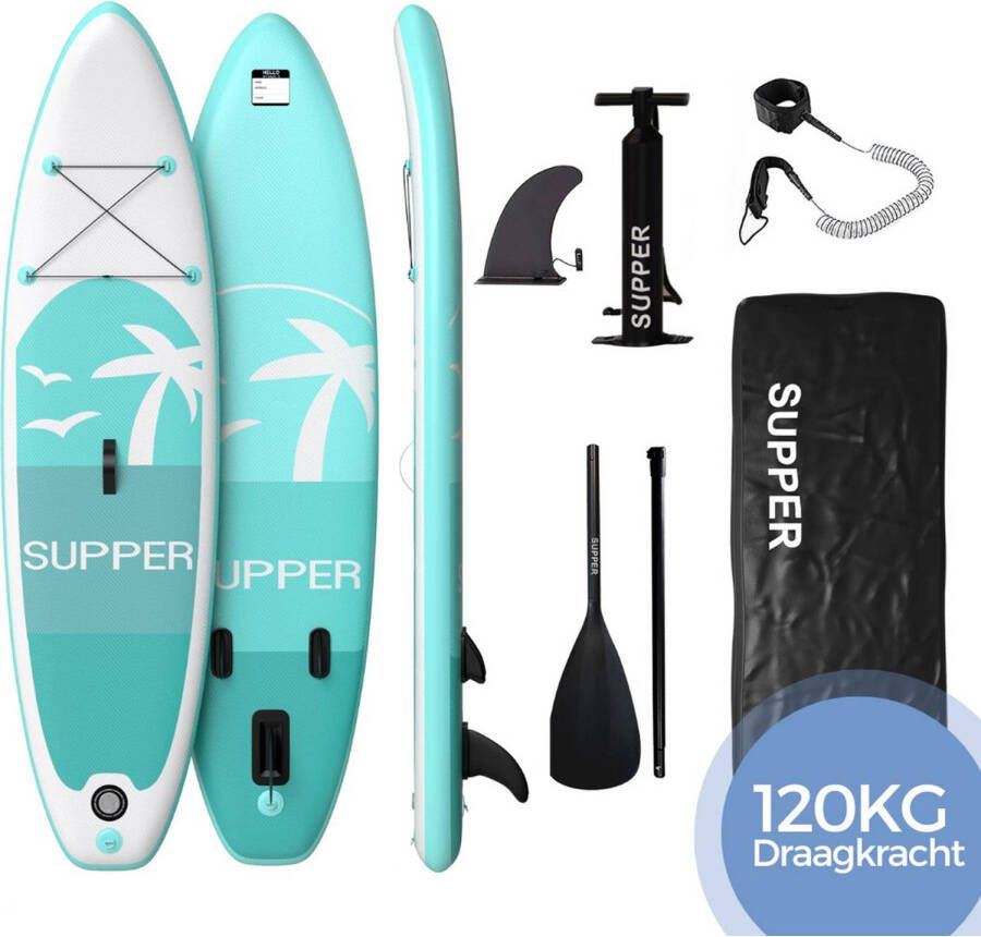 SUPPER Sup Board Max. 120KG Opblaasbaar Paddle Board inclusief accessoires (285 x 76 cm Turquoise)