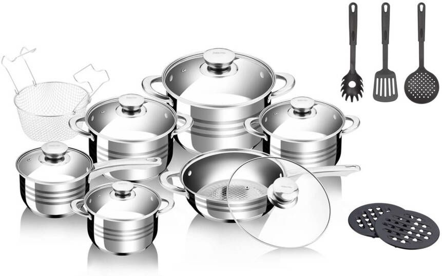 Swiss Pro+ Pannenset 18-delig Inclusief onderzetters en deksels en keukengerei Zilver