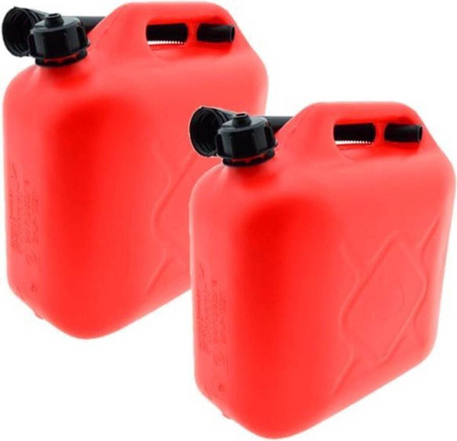 Synx Tools 2x Jerrycan benzine 10L Rood voor brandstof en Water Auto Tank- inclusief schenktuit Met Tuit benzine