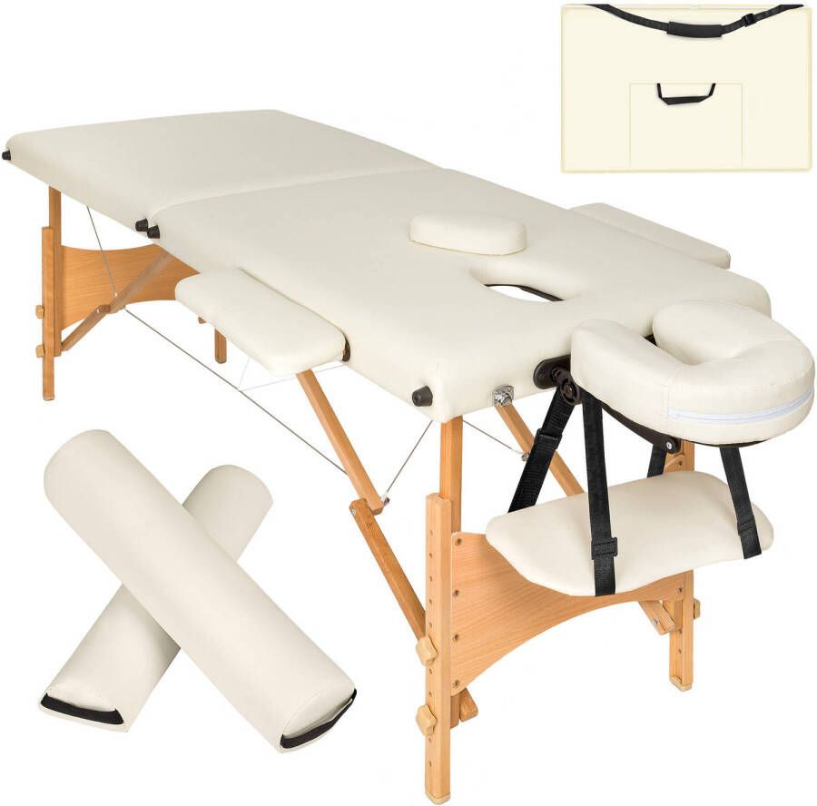 Tectake 2 zones massagetafel-set met 5cm matras rolkussens en houten frame beige 404744