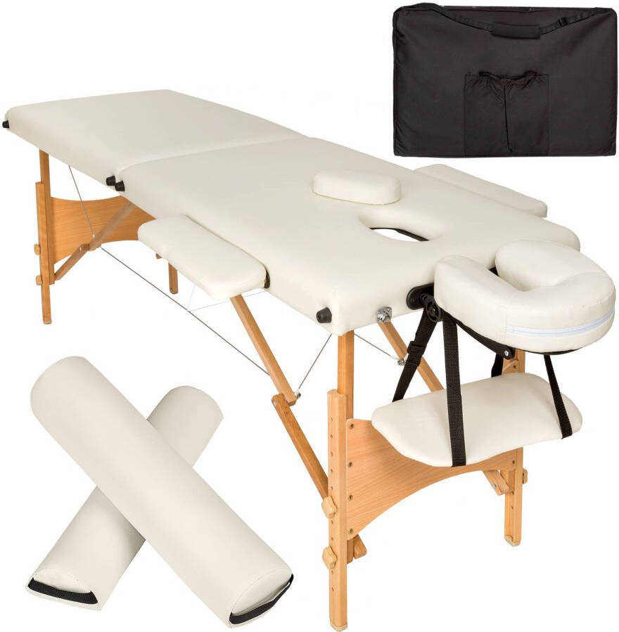 Tectake 2 zones massagetafel-set met 5cm matras rolkussens en houten frame beige 404744