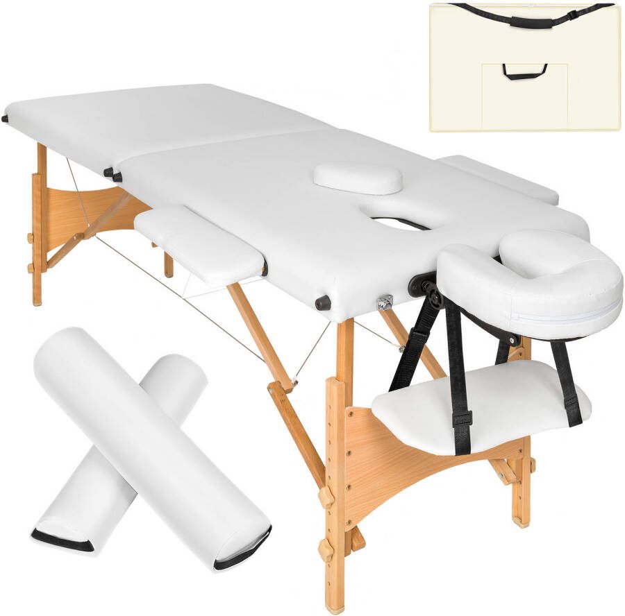 Tectake 2 zones massagetafel-set met 5cm matras rolkussens en houten frame wit 404746