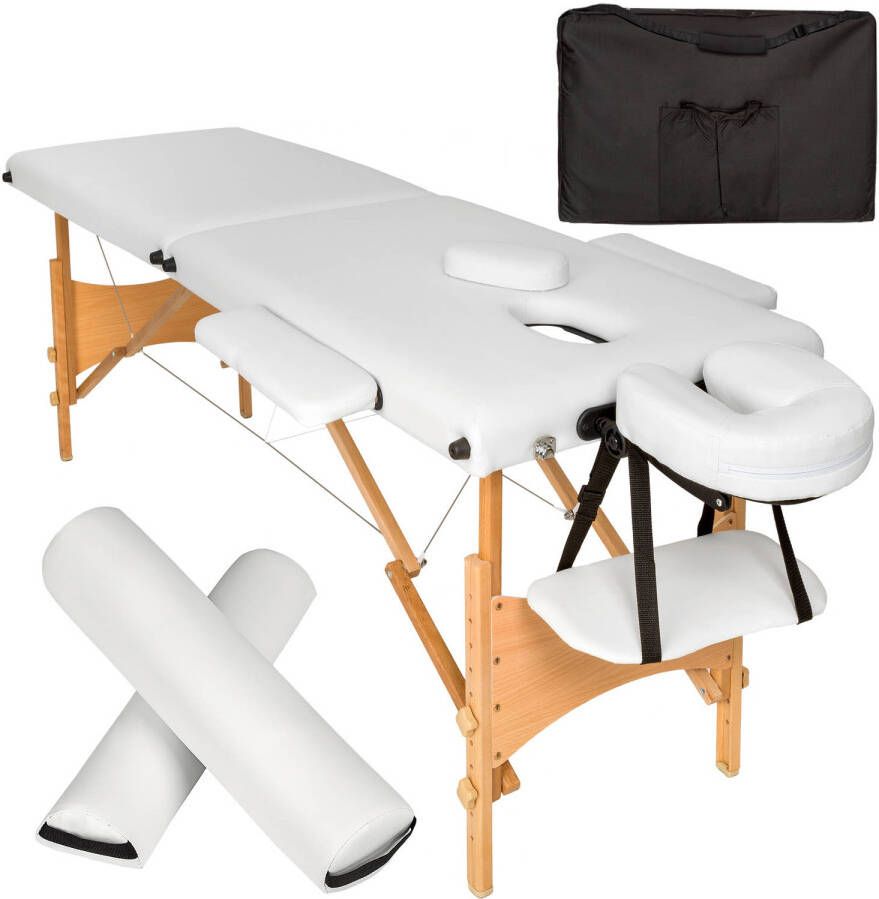 Tectake 2 zones massagetafel-set met 5cm matras rolkussens en houten frame wit 404746