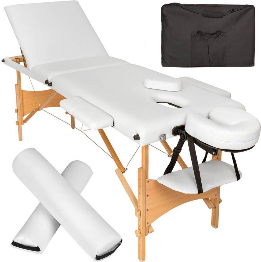 Tectake 3 zones massagetafel-set Daniel met 3cm matras rolkussens en houten frame wit 404749