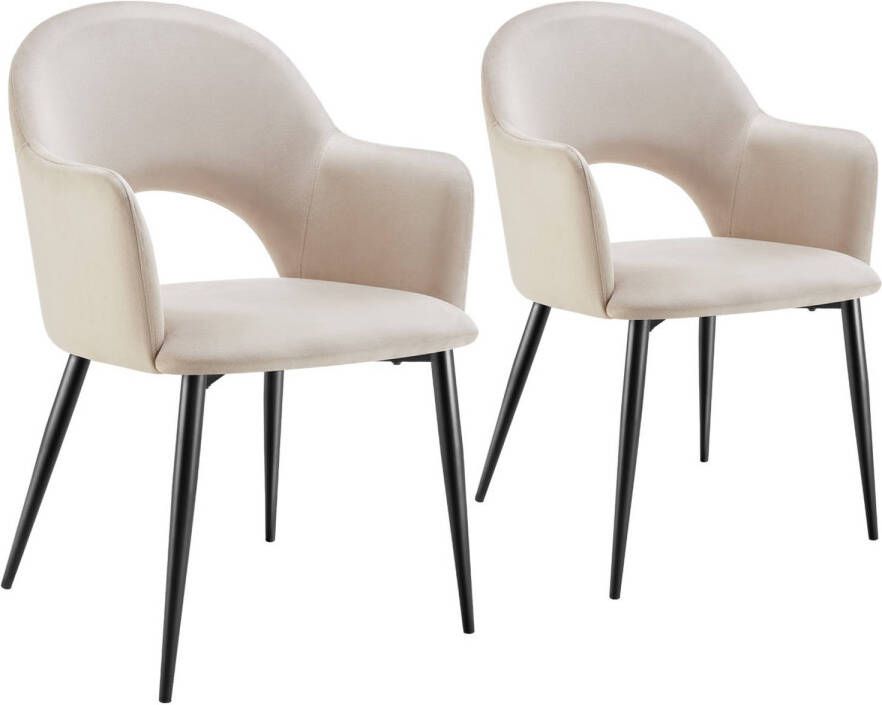 Tectake Fauteuil Sachel Eetkamerstoel Set van 2 Fluweellook Gestoffeerd Creme