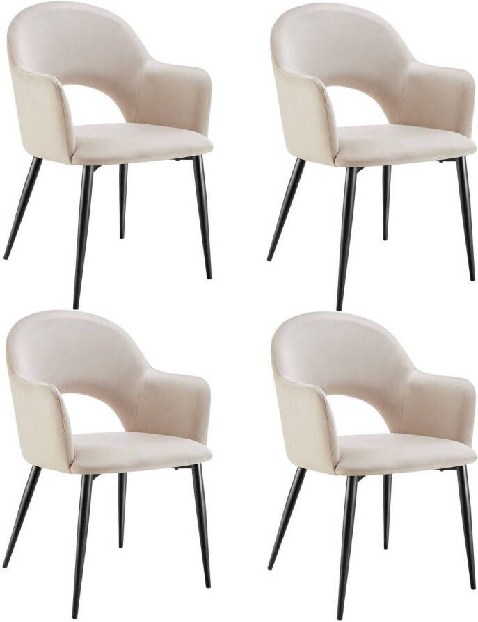 Tectake Fauteuil Sachel Eetkamerstoel Set van 4 Fluweellook Gestoffeerd Creme