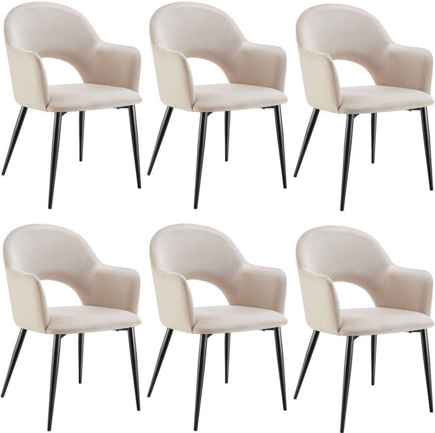 Tectake Fauteuil Sachel Eetkamerstoel Set van 6 Fluweellook Gestoffeerd Creme