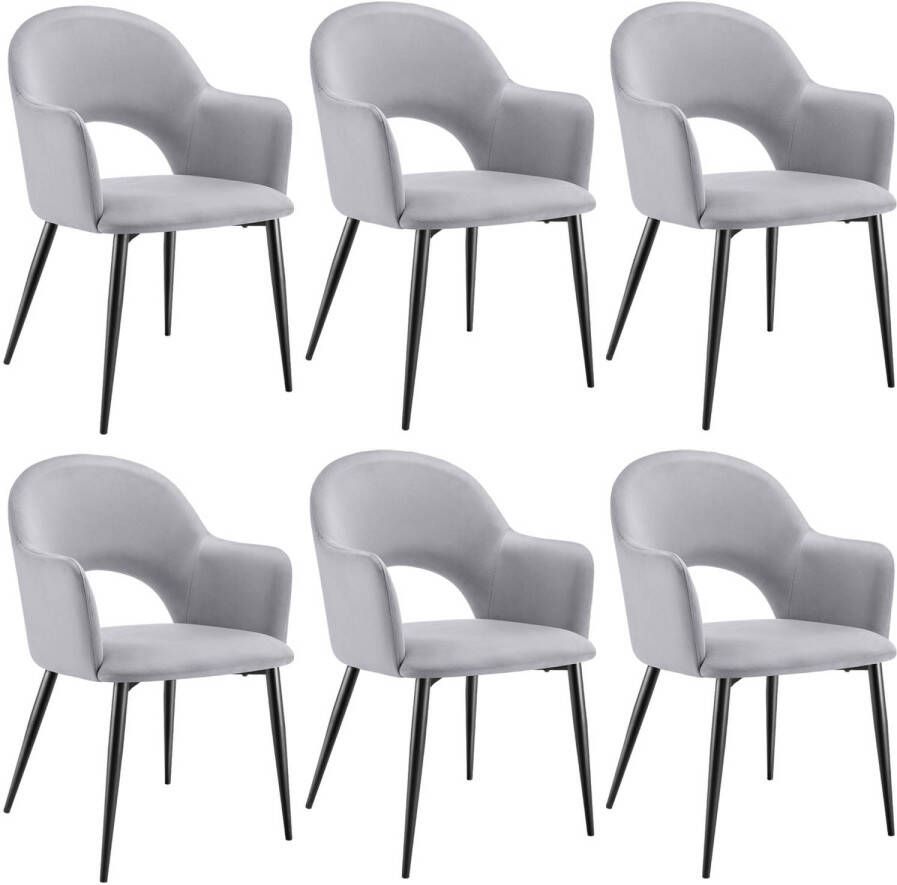 Tectake Fauteuil Sachel Eetkamerstoel Set van 6 Fluweellook Gestoffeerd Lichtgrijs