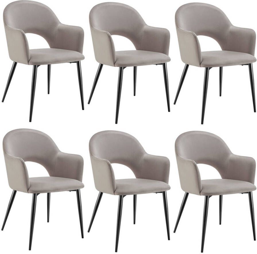 Tectake Fauteuil Sachel Eetkamerstoel Set van 6 Fluweellook Gestoffeerd Taupe