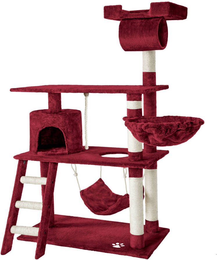 Tectake Krabpaal Kat Klimboom 141 cm Hoog Met Hangmat Grot Speeltouw Pluche en Sisal Extra Breed Bordeaux