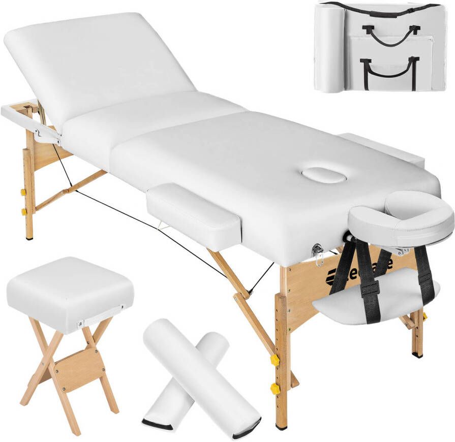 Tectake Massagetafel matras 10 cm hoog en houten frame + rolkussens draagtas en kruk wit 400186