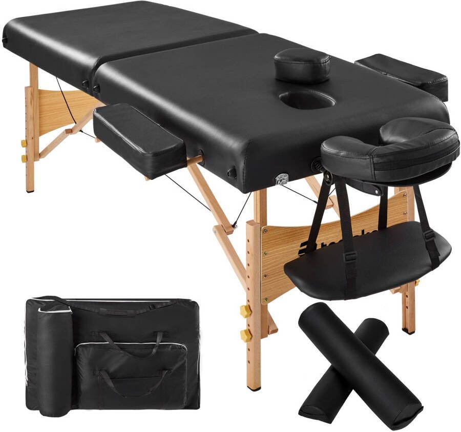 Tectake Massagetafel met matras van 7 5 cm hoog + zwarte rolkussens en draagtas