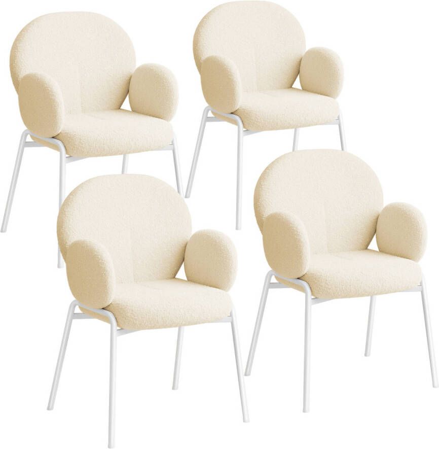 Tectake Set van 4 eetkamerstoelen teddystof bekleding bouclé