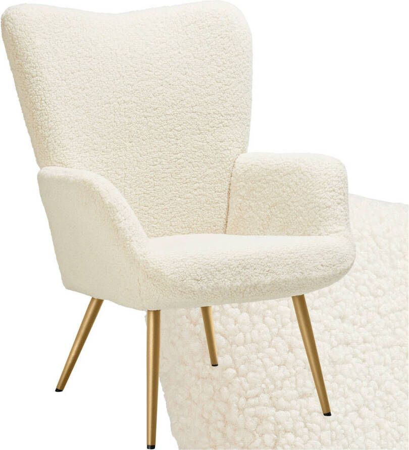 Tectake Oorfauteuil in Scandinavische Stijl Teddystoel Bouclé Lounge Stoel voor Woonkamer 150kg Crème Goud