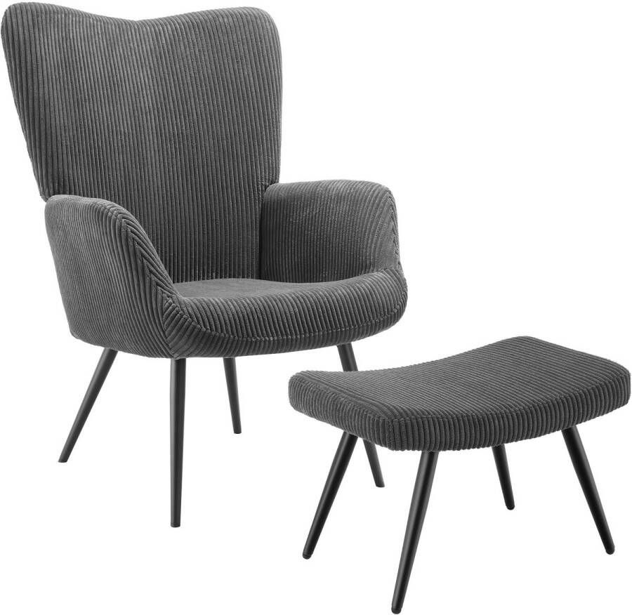 Tectake Oorfauteuil met hocker Scandinavische Stijl Corduroy Lounge Stoel voor Woonkamer 150kg Antraciet