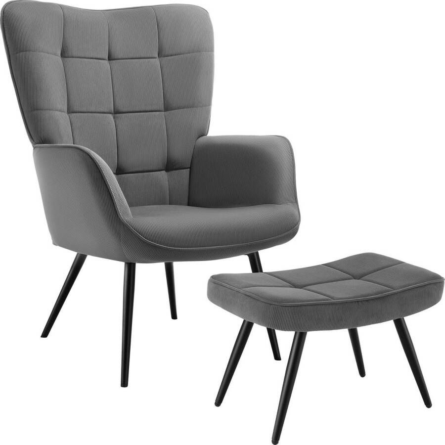 Tectake Oorfauteuil in Scandinavische Stijl met hocker Lounge Stoel voor Woonkamer Slaapkamer 150kg Antraciet