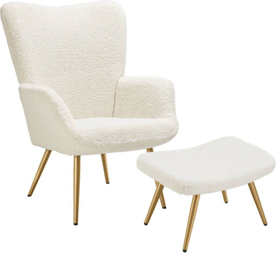 Tectake Oorfauteuil in Scandinavische Stijl met hocker Teddystoel Lounge Stoel voor Woonkamer 150kg Crème Goud