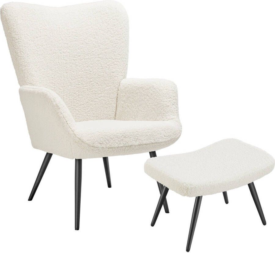 Tectake Oorfauteuil met Hocker Scandinavische Stijl Teddystoel Bouclé Woonkamer Slaapkamer 150kg Crème Zwart