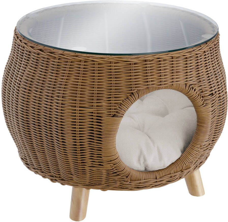 Tectake Wicker salontafel met huisdierbed Veiligheidsglas Wasbaar kussen