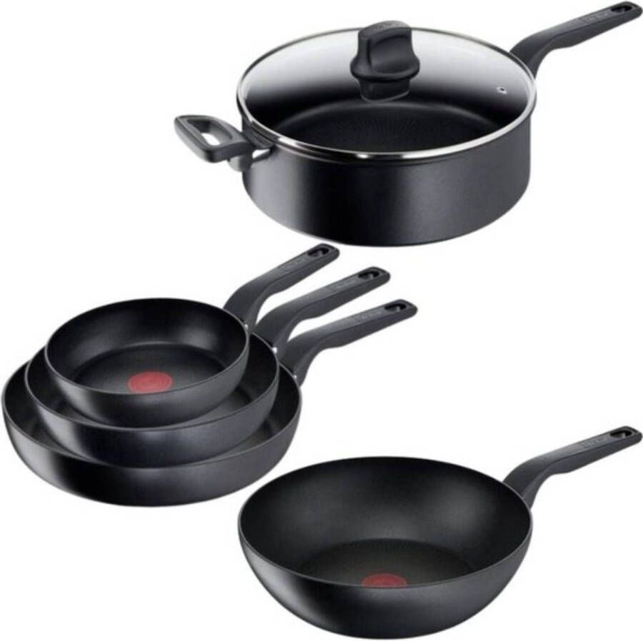 Tefal Hard Titanium Pro Pannenset Koekenpannen Ø20 24 28cm + Wokpan Ø28cm + Hapjespan Ø28cm Inductie Zwart