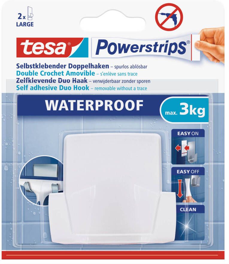 Tesa 1x Powerstrips duohaken waterproof Klusbenodigdheden Huishouden Verwijderbare haken Opplak haken
