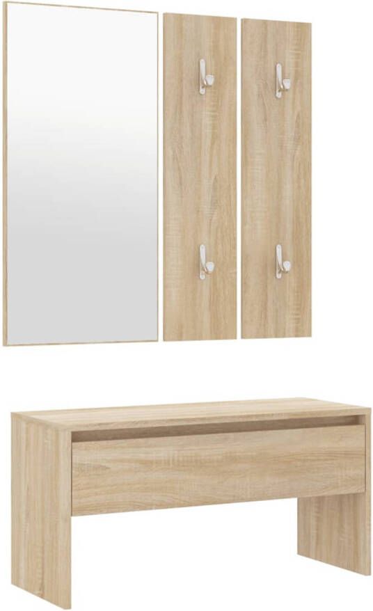 The Living Store Halbank Sonoma Eiken 80x30.5x40 cm Met spiegel en kapstokken