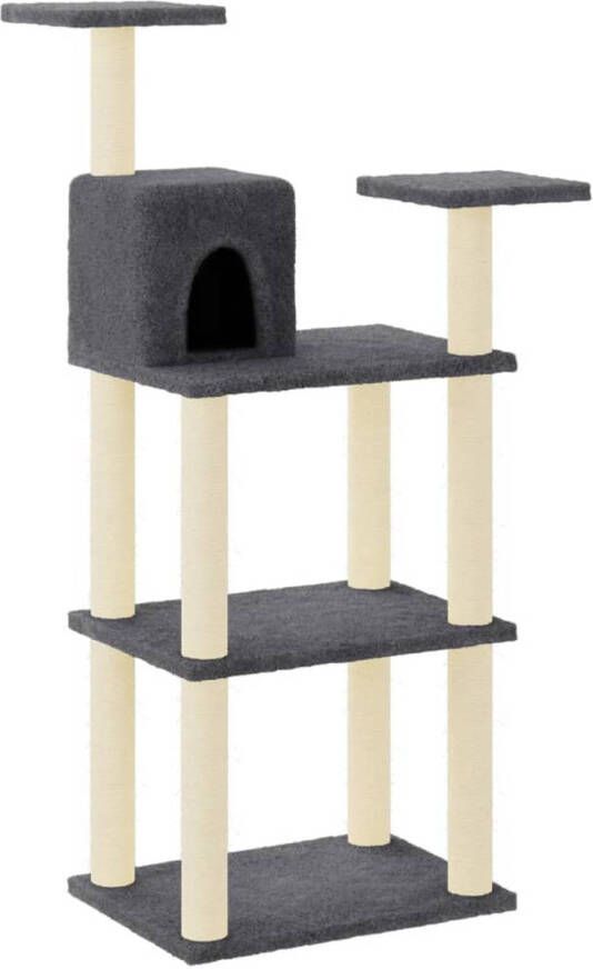 The Living Store Kattenboom Donkergrijs Hout Pluche Sisal 66 x 41 x 119 cm Met huisje krabpalen en