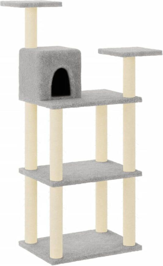 The Living Store Kattenboom Lichtgrijs Bewerkt hout pluche en sisal 66x41x119cm Huisje krabpalen en