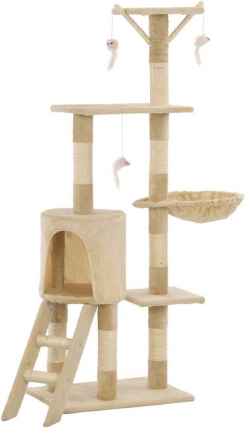 The Living Store Kattenkrabpaal Beige 138 cm 49 x 35 cm Met muizenspeeltjes Met ladder huis